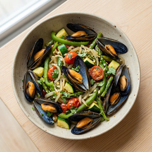 Salteado de Mejillones y Pimiento Verde